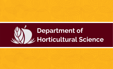 Graphic design with maroon and gold accents with text "Department of Horticultural Science" and apple with leaf graphic design element. 